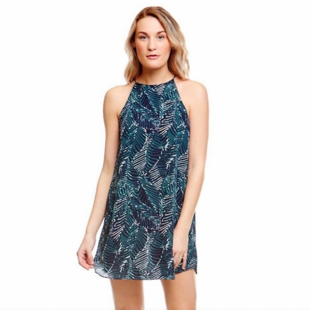 Asher Tropical Palm Leaf Sleeveless Levi Mini Dress Blue Size Small